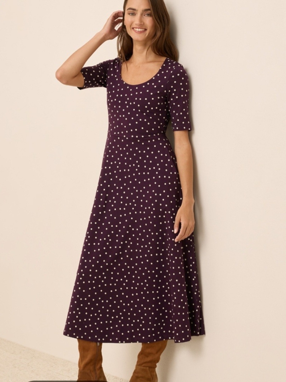 Pact (Women's M) Purple "Berry Polka Dot" Fit & Flare Scoop Neck Midi Dress